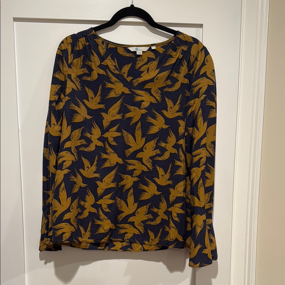 Women's Navy and Gold Bird Print Top